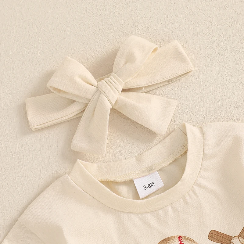 Peleles para niñas de 0 a 18 meses, monos infantiles de manga corta con estampado de lazo de béisbol, monos con diadema - imagen 5