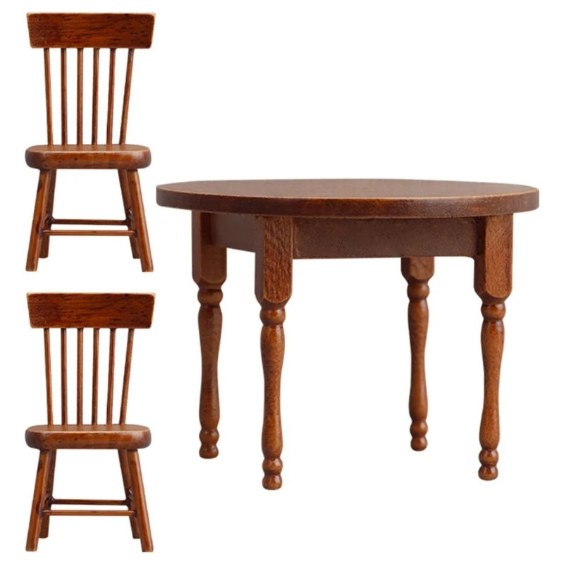 1 Juego de mesa de comedor en miniatura de madera para casa de muñecas a escala 1:12 con 2 sillas, Mini mesa de cocina, muebles modelo, decoración de escena de casa de muñecas