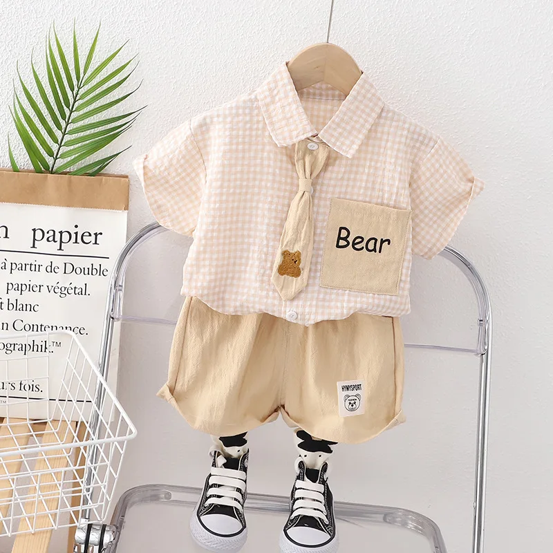 Conjunto de ropa de verano para bebé, traje de camisa a cuadros, pantalones cortos, chándal informal para niño pequeño, 2 uds. - imagen 2