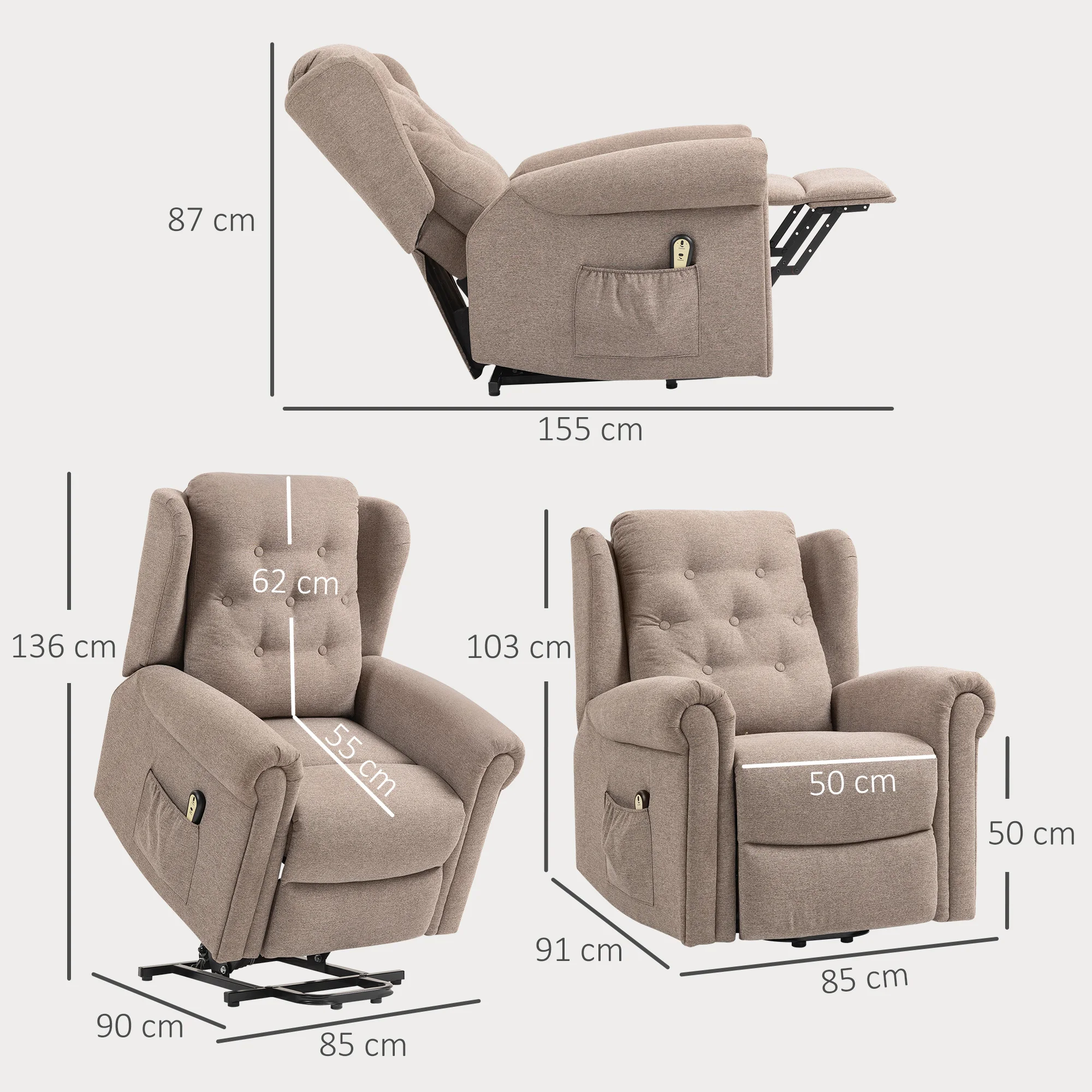 HOMCOM Sillón Relax Reclinable Eléctrico Levanta Personas Sillón Elevador con Respaldo Alto Capitoné Control Remoto Tapizado en Lino y Bolsillos Laterales - imagen 5