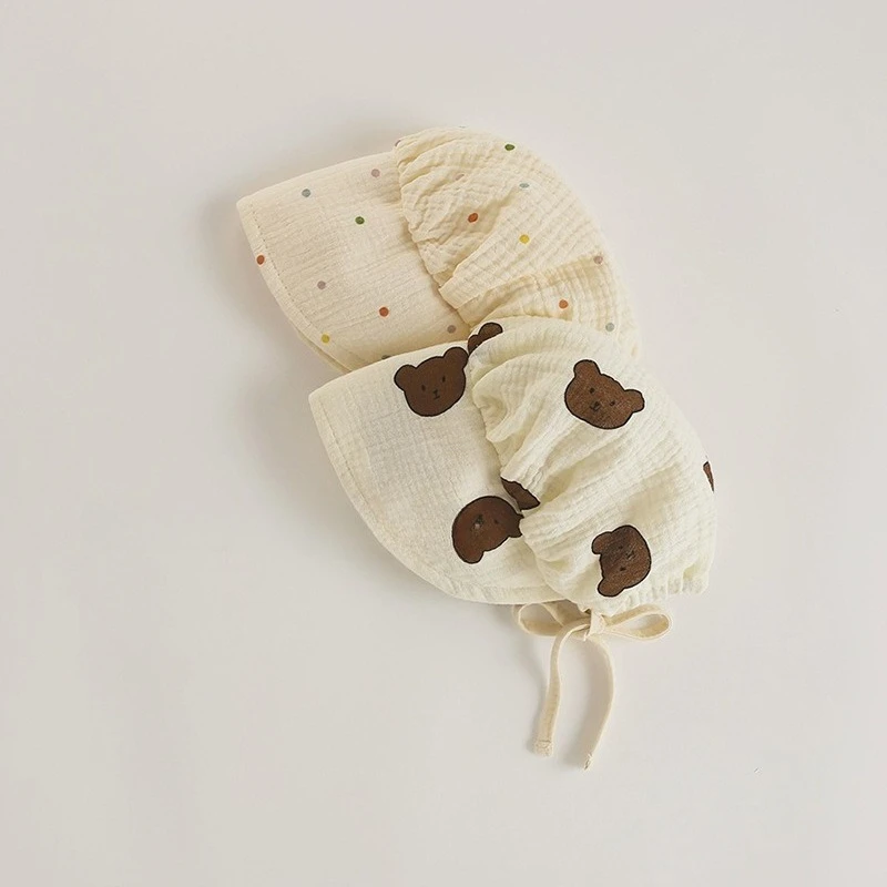 Gorro de bebé coreano con bonito oso para primavera/verano, protección solar de ala ancha, gorro con orejeras de gasa de algodón fino, transpirable y suave