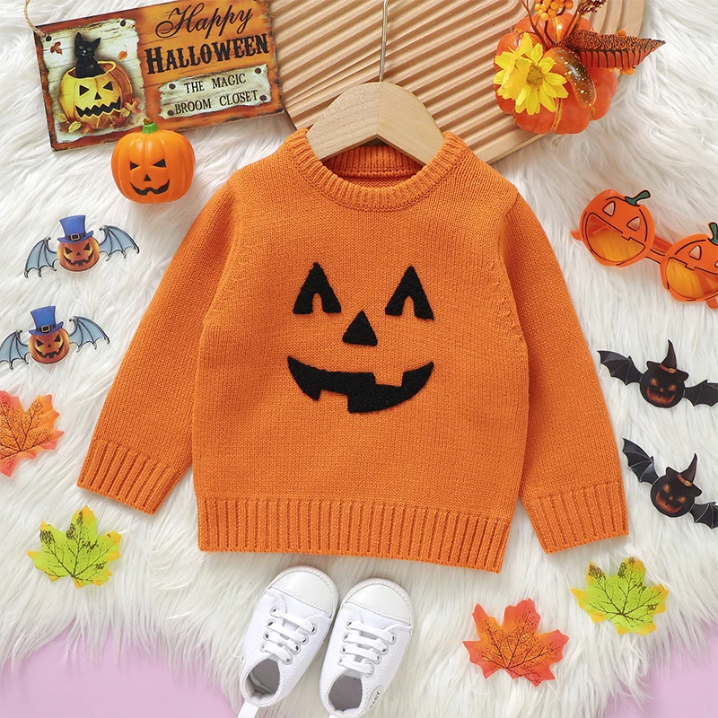 VISgogo-suéteres de Halloween para niños y niñas, Jersey de punto acanalado, manga larga, cuello redondo, bruja y calabaza, ropa de otoño e invierno - imagen 3