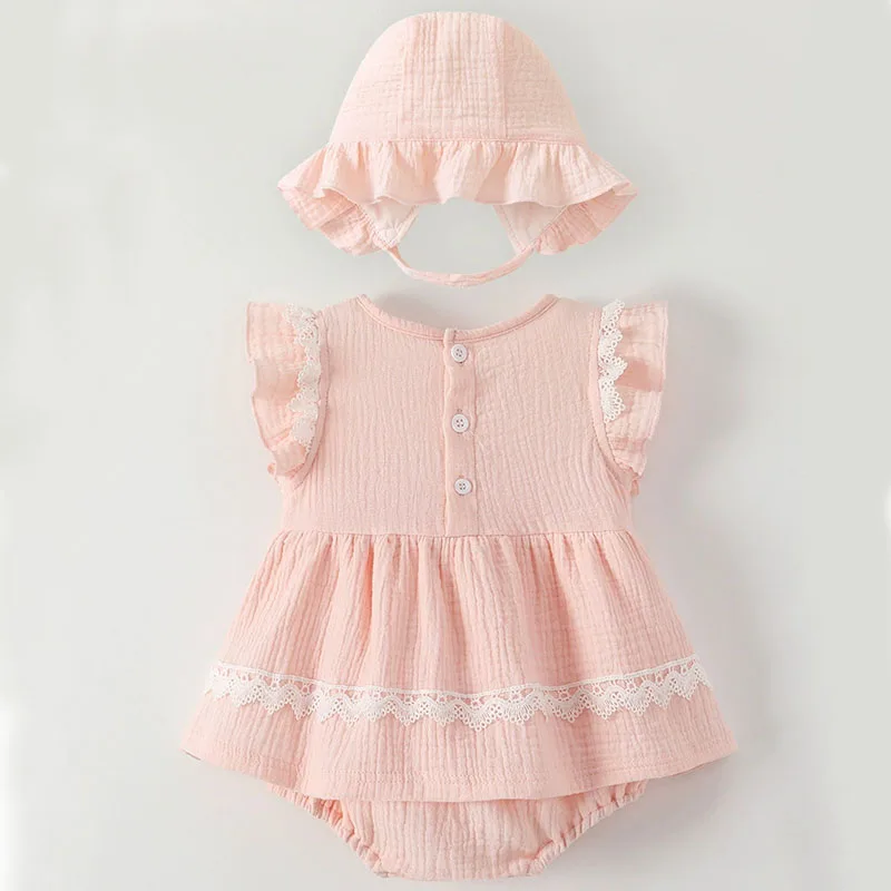 Ropa de verano para niñas recién nacidas, monos sin mangas de encaje rosa bonito a la moda coreana + sombrero, conjuntos para bebés, ropa para niños pequeños B015 - imagen 2
