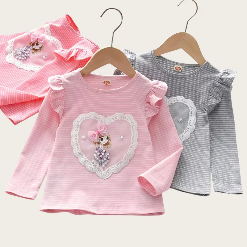 Camisa voladora bordada con volantes de manga larga para niñas, ropa para niños pequeños, blusa para niñas pequeñas