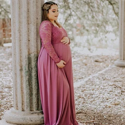 Vestido de encaje premamá con cuello en V manga larga para fotografía