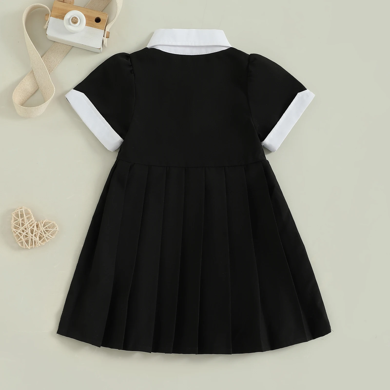 VISgogo Vestido de verano para niña, manga corta, cuello de solapa, plisado, corte en A, vestido informal para niño - imagen 2