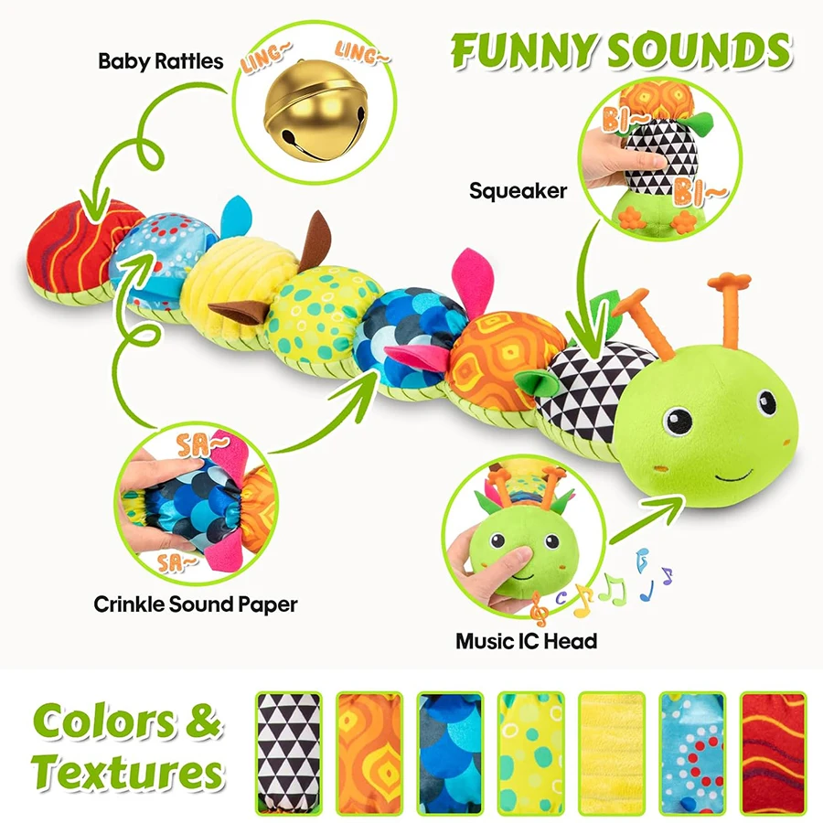 Juguetes para bebés, oruga Musical, Animal relleno infantil para 0-12 meses con arrugado y sonajeros, juguetes sensoriales para el tiempo de la barriga para recién nacidos - imagen 3