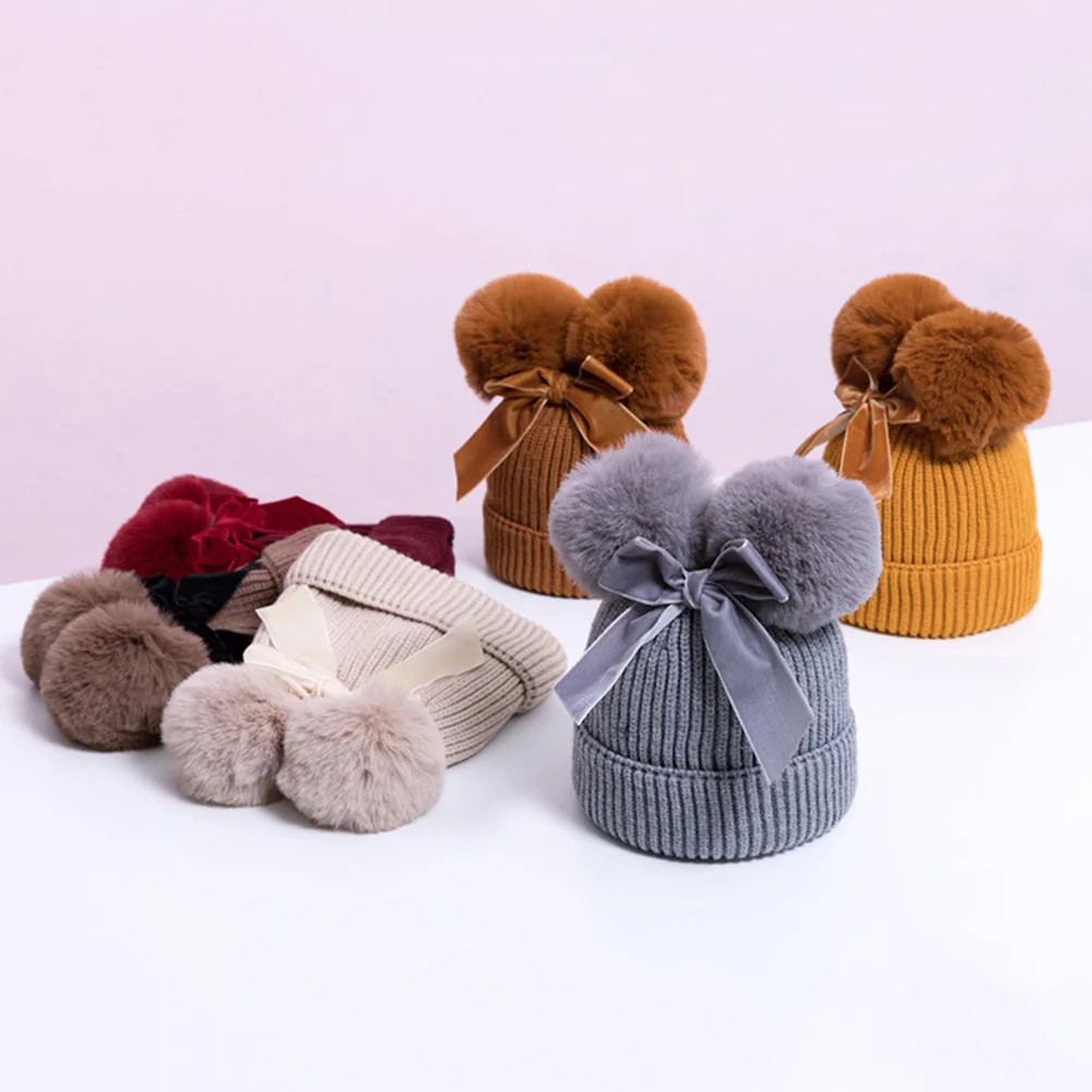 Gorro con lazo de dos tejidos para niños, gorro de ganchillo de invierno para niñas, accesorio fotográfico suave y cómodo, gorro cálido de invierno para niños - imagen 3