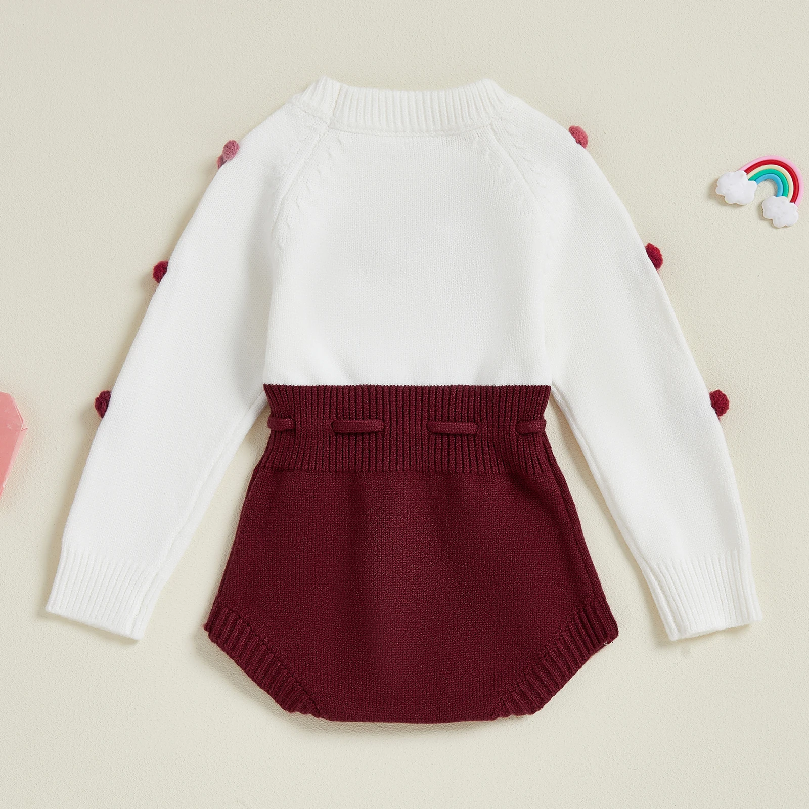 Pelele de punto para niñas de 0 a 24 meses, mono de Color de contraste de manga larga con cuello redondo y bola de piel a la moda - imagen 3