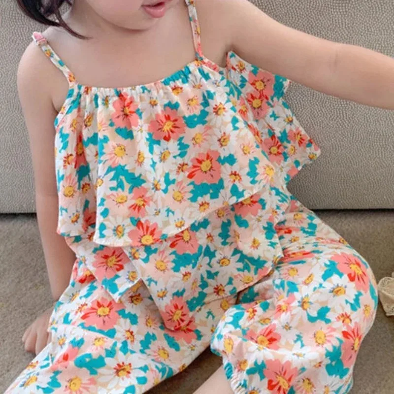 Novedad de verano, trajes para niñas, bonito chaleco Floral y pantalones antimosquitos, conjuntos de ropa para niños, traje de moda para niños