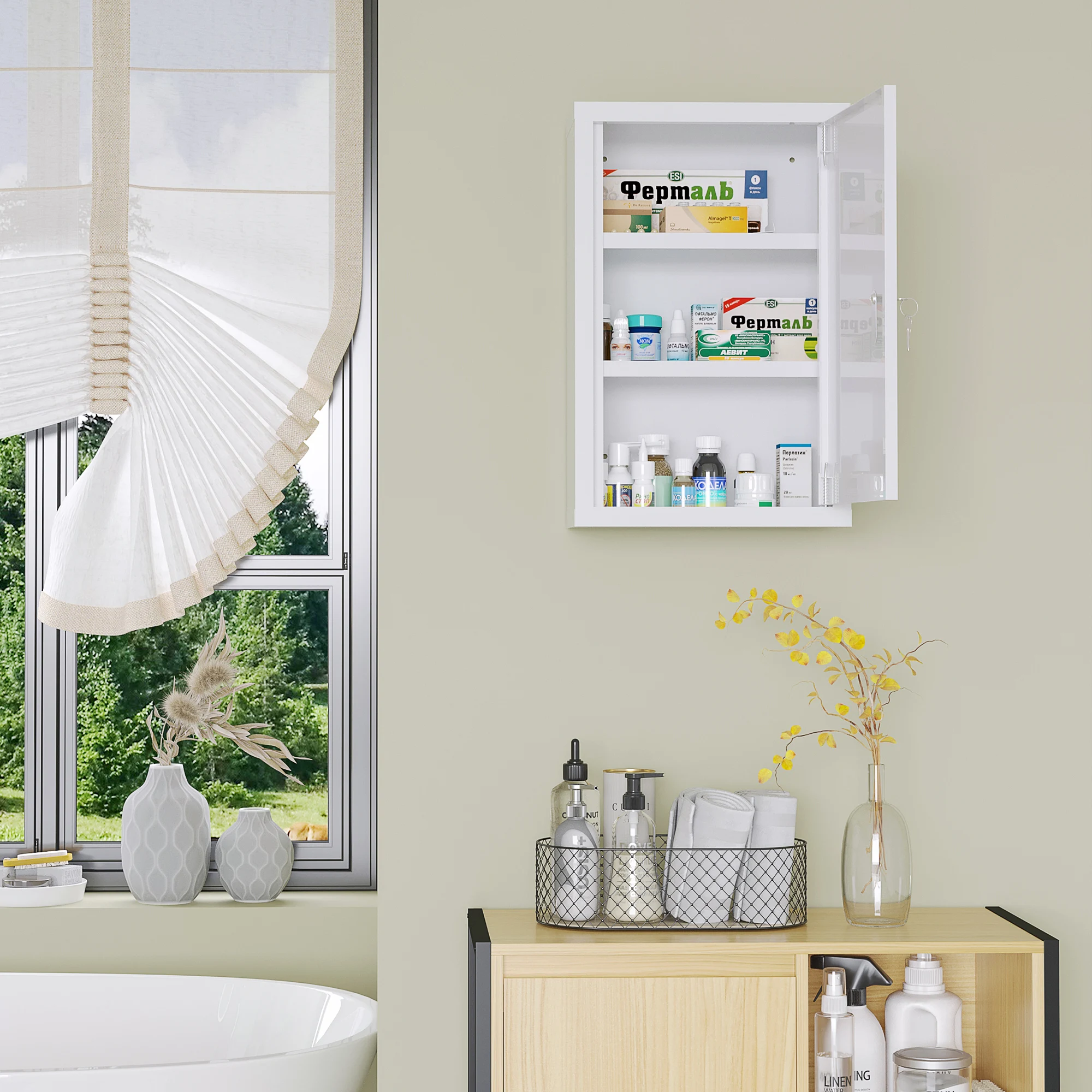 kleankin Armario Botiquín de Pared Armario de Medicinas de Acero Armario de Primeros con 2 Estantes de Almacenamiento y 2 Llaves para Baño 30x14x46 cm Blanco - imagen 2