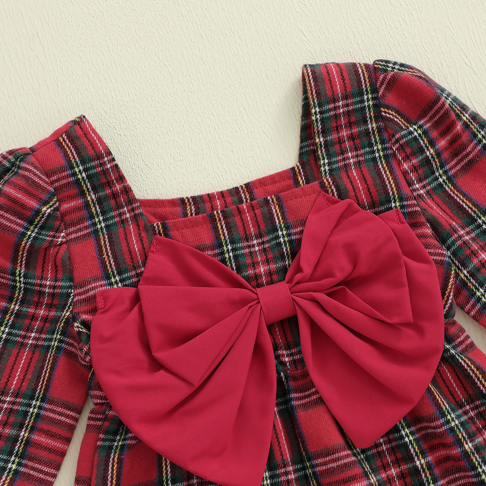 Suefunskry Mameluco a cuadros de Navidad para niña recién nacida, mono con lazo grande, manga larga, cuello cuadrado, diadema - imagen 4