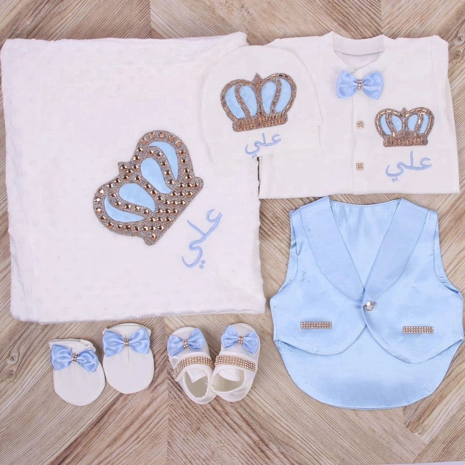 Peleles con nombre de bebé bordado personalizado, ropa, joyería de corona, manta envolvente de lujo, decoración, conjunto de regalo de Navidad para 1er bautismo - imagen 3