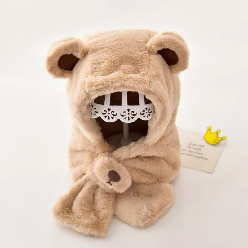 Gorro con protección para los oídos para niños de invierno, 1-3T, oso de dibujos animados, gorro y bufanda cálidos para niñas, gorro dulce integrado para niños pequeños