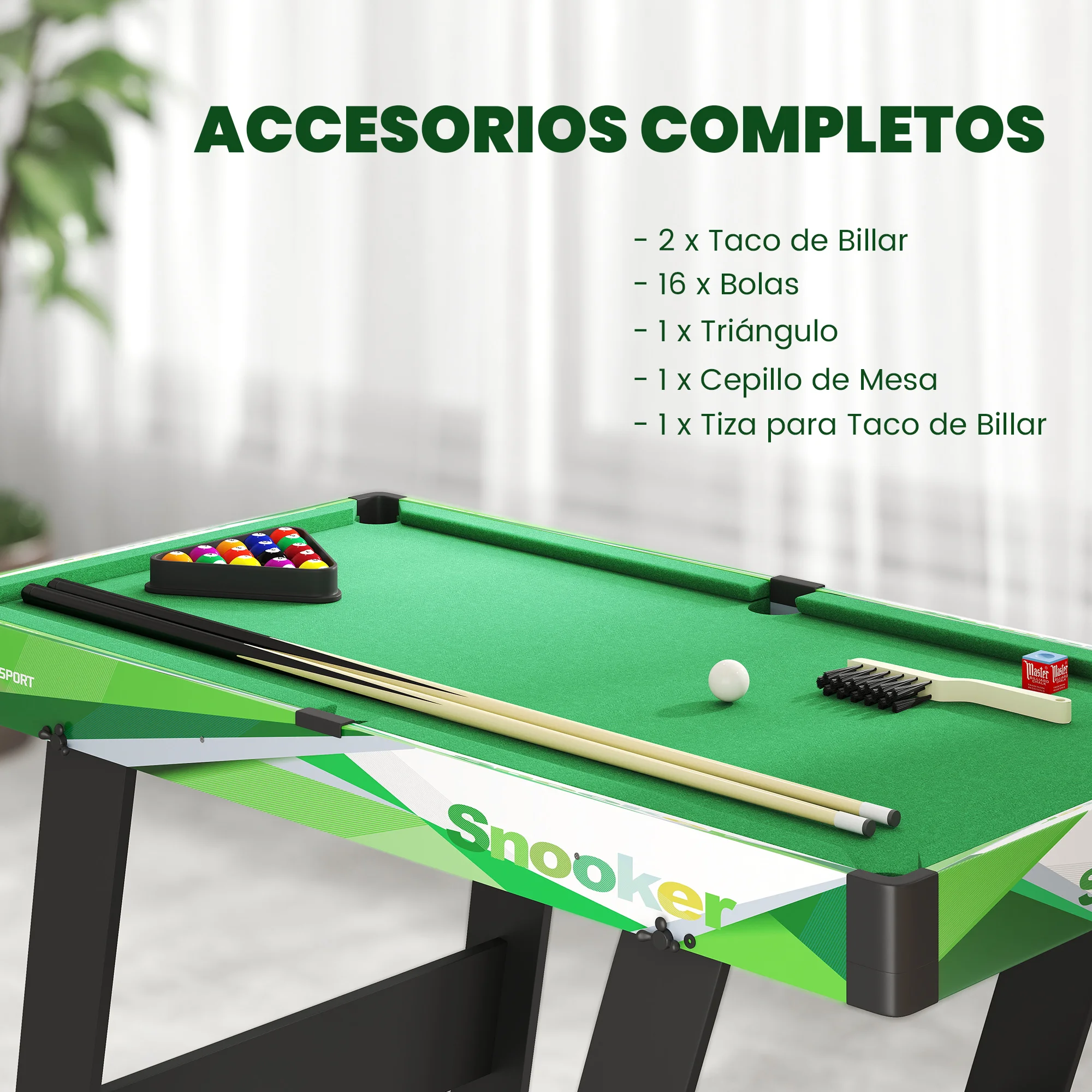 SPORTNOW Mesa de Billar Plegable 104 cm, con Accesorios Incluye 16 Bolas, 2 Tacos, Tiza, Triángulo y Cepillo, Mesa de Billar Portátil para Niños y Adultos, Verde - imagen 5