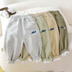MILANCEL, nuevos pantalones de chándal de otoño para niños, 1-7T, dinosaurio bordado, pantalones casuales para niños, pantalones sueltos de bolsillo fino, pantalones de Color sólido para niños