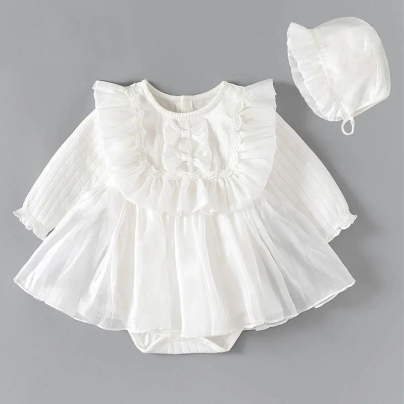 Ropa de primavera y otoño para niñas recién nacidas, monos de princesa de manga larga de algodón con bonito lazo coreano + sombrero, ropa de Boutique para bebés B038 - imagen 2