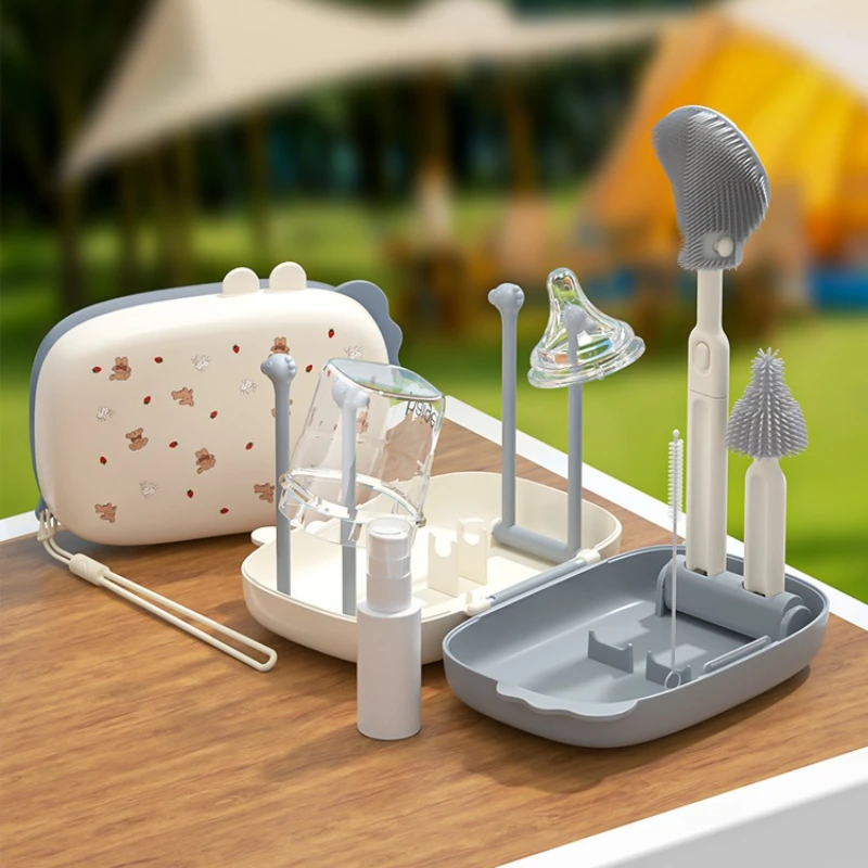 Juego de cepillos de limpieza de biberones portátil, caja de almacenamiento de viaje con cepillo de doble cara, 360 °   Diseño de limpieza, ligero y fácil de usar