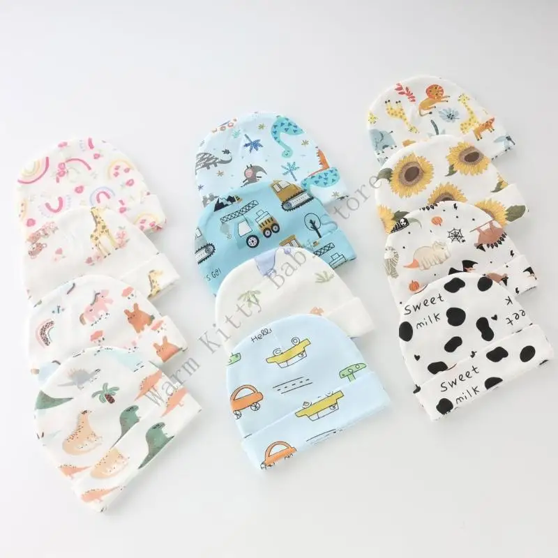 3 juegos de gorro y guantes de algodón suave con estampado bonito para bebé, gorros de Hospital Unisex para primavera y verano, guantes antiarañazos para 0-6M - imagen 2