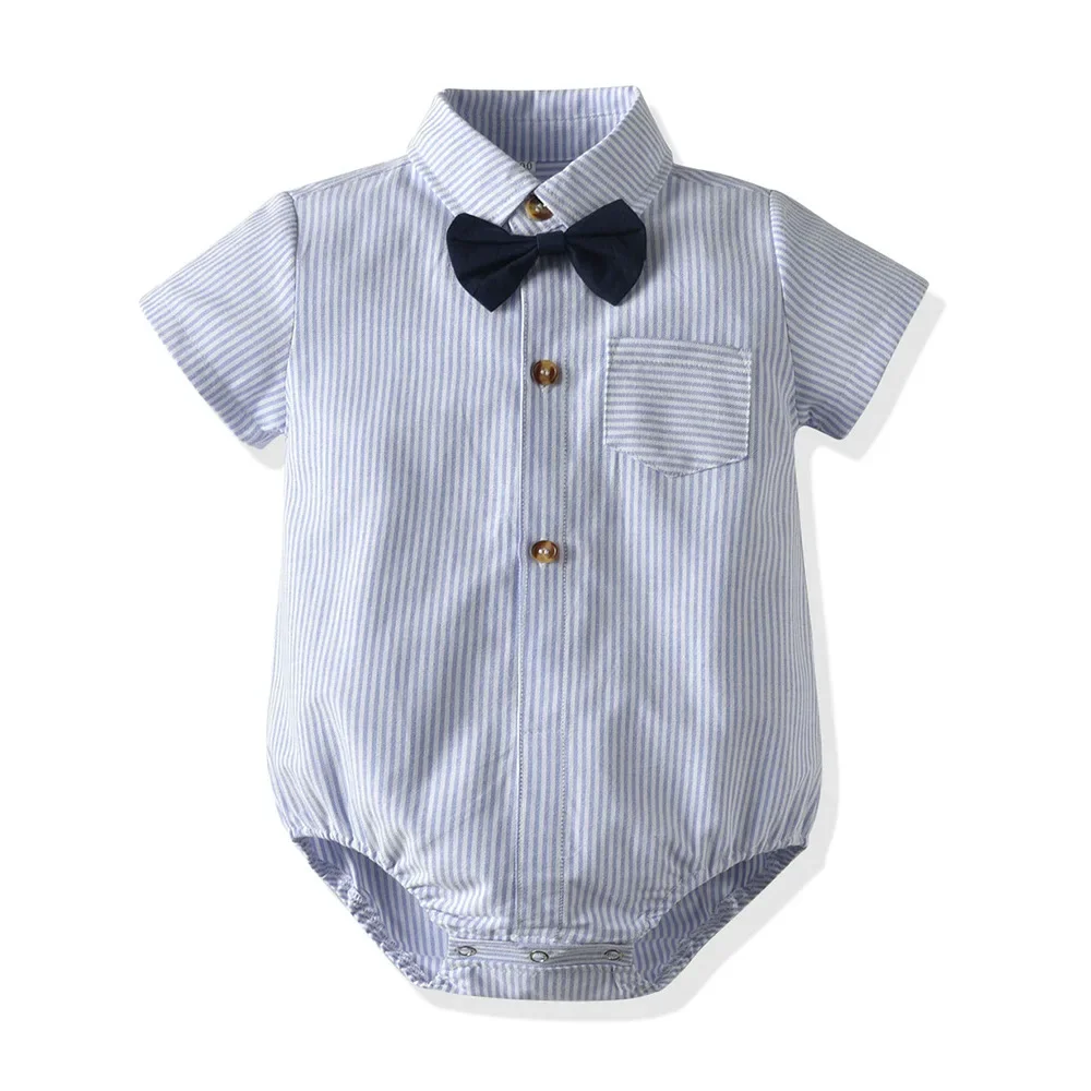 Conjunto de mamelucos de manga corta de verano para niño, camisa pelele de 70-100cm, conjunto de camisa a rayas informal y pantalones cortos para bebé - imagen 3