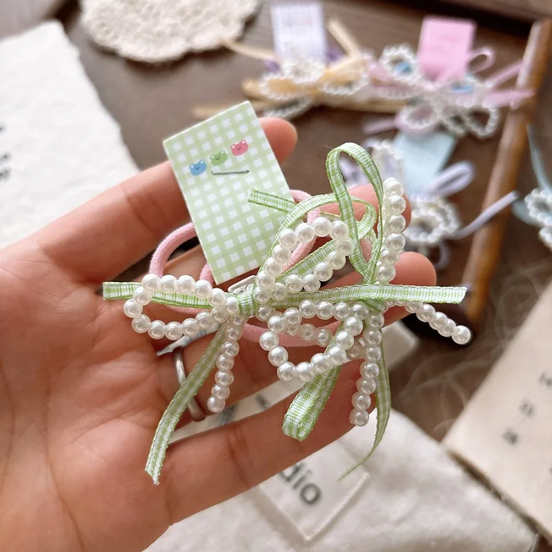 Lazos para el cabello con lazo a cuadros dulces de primavera, color caramelo con perlas, corazón de niña, bandas para el cabello de alta elasticidad para niños, no dañadas. - imagen 2