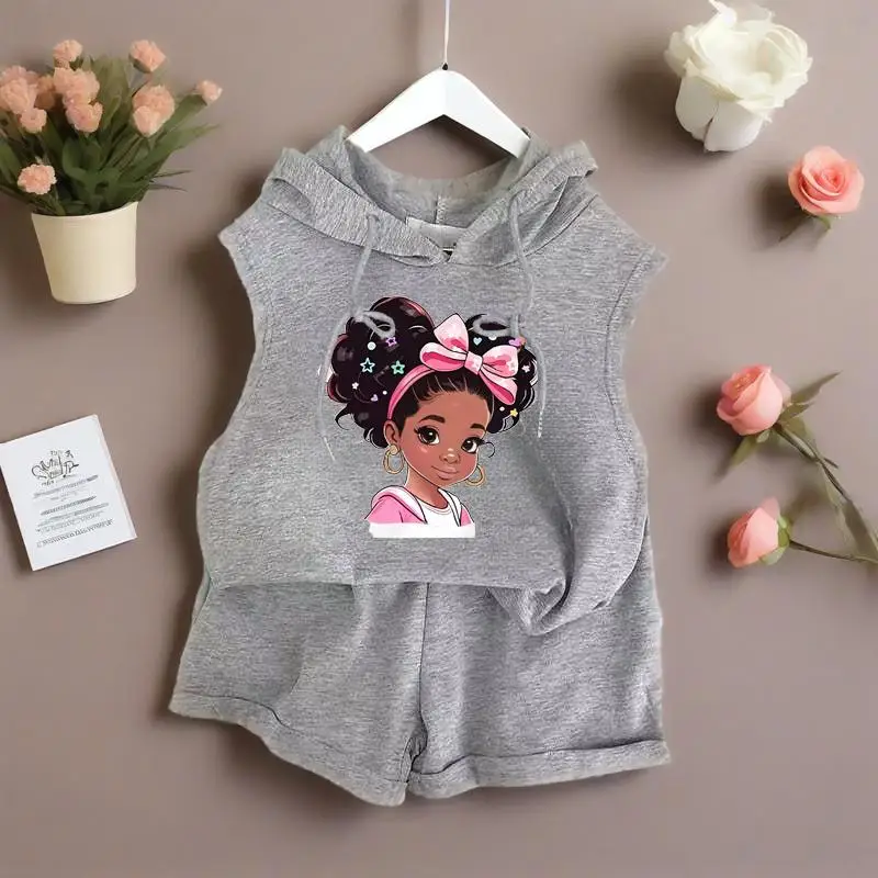 Camiseta de verano para niños, chaleco + Pantalones cortos, conjuntos de 2 uds., Top sin mangas con capucha, traje informal para niñas, ropa deportiva para exteriores para niños - imagen 5