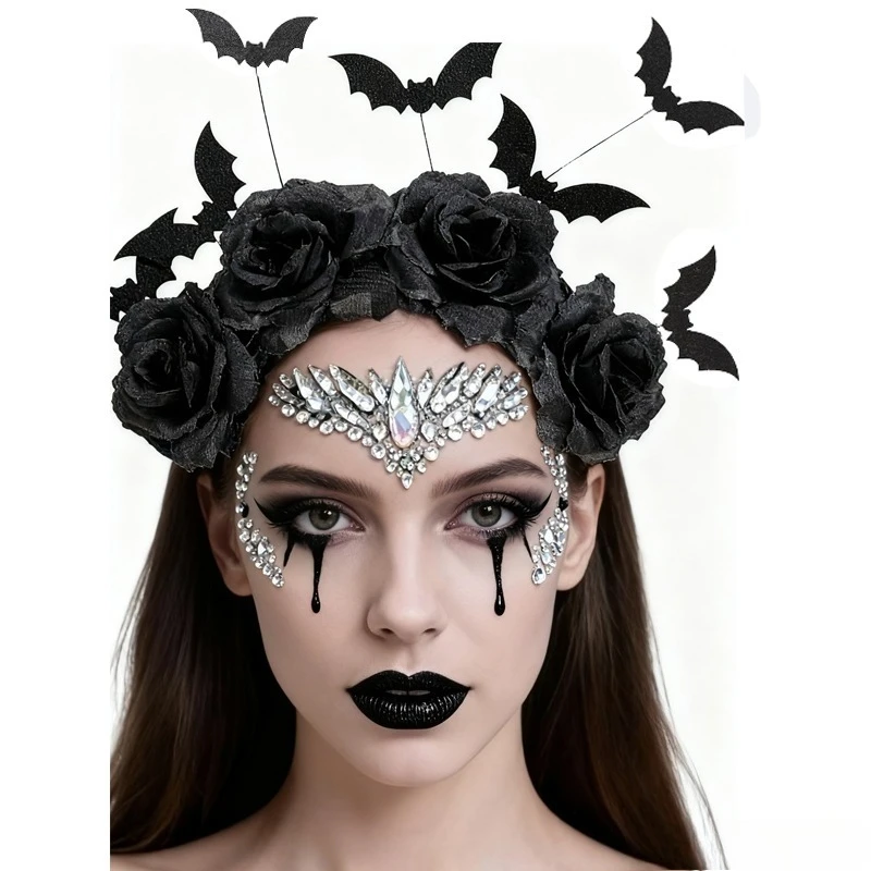 Diadema Halloween diablo con murciélago y flor – Tocado carnaval - imagen 3