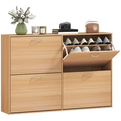 HOMCOM Zapatero Estrecho 4 Puertas, Zapatero Entrada Recibidor con Estantes Ajustables, para 16-24 Pares de Zapatos, para Pasillo, Espacios Reducidos, 120x24x81 cm, Natural