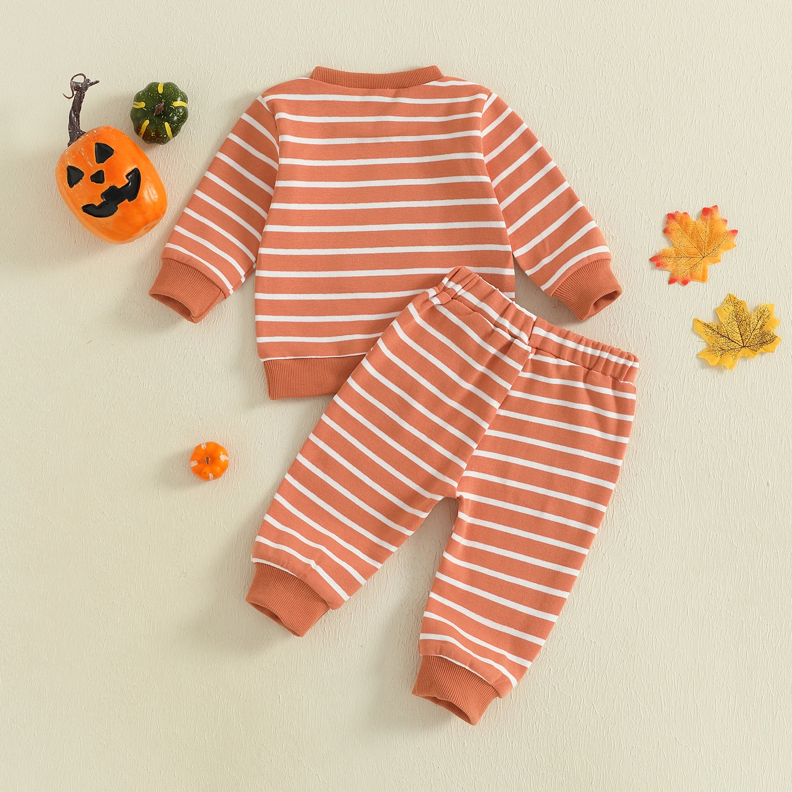 Conjuntos de Halloween para niños pequeños de 0 a 3 años, sudaderas con bordado de calabaza a rayas y pantalones largos, conjunto de ropa de otoño de 2 piezas - imagen 2