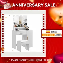 HOMCOM Tocador de Maquillaje con Taburete Mesa de Maquillaje con Espejo LED Cajones Estante Ajustable y Estantes Abiertos para Dormitorio Sala de Estar Blanco