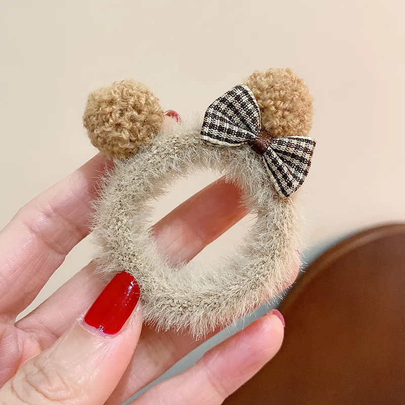 Diademas de Color café con leche, oso de peluche de peluche para niños, bandas de goma, bonito lazo de peluche Kawaii, accesorios para el cabello para niñas pequeñas - imagen 5