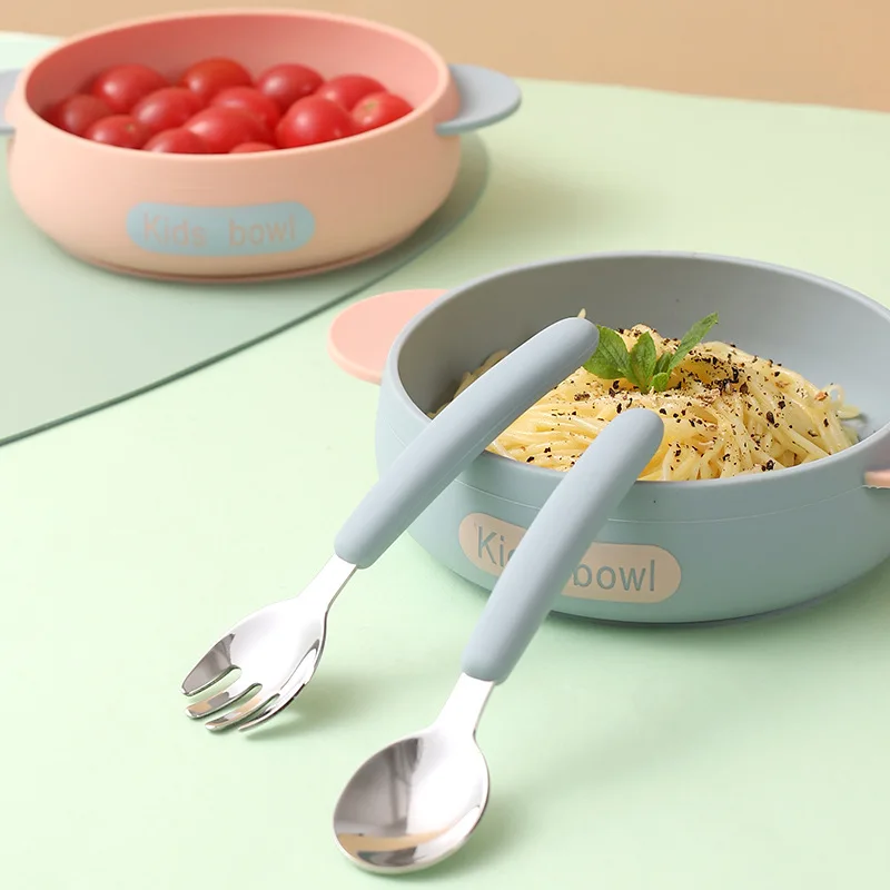 Cuenco de alimentación de bebé de silicona, vajilla para niños, cuenco de succión con cuchara, tenedor, platos para niños, utensilios de cocina anticaída, cosas para bebés - imagen 2