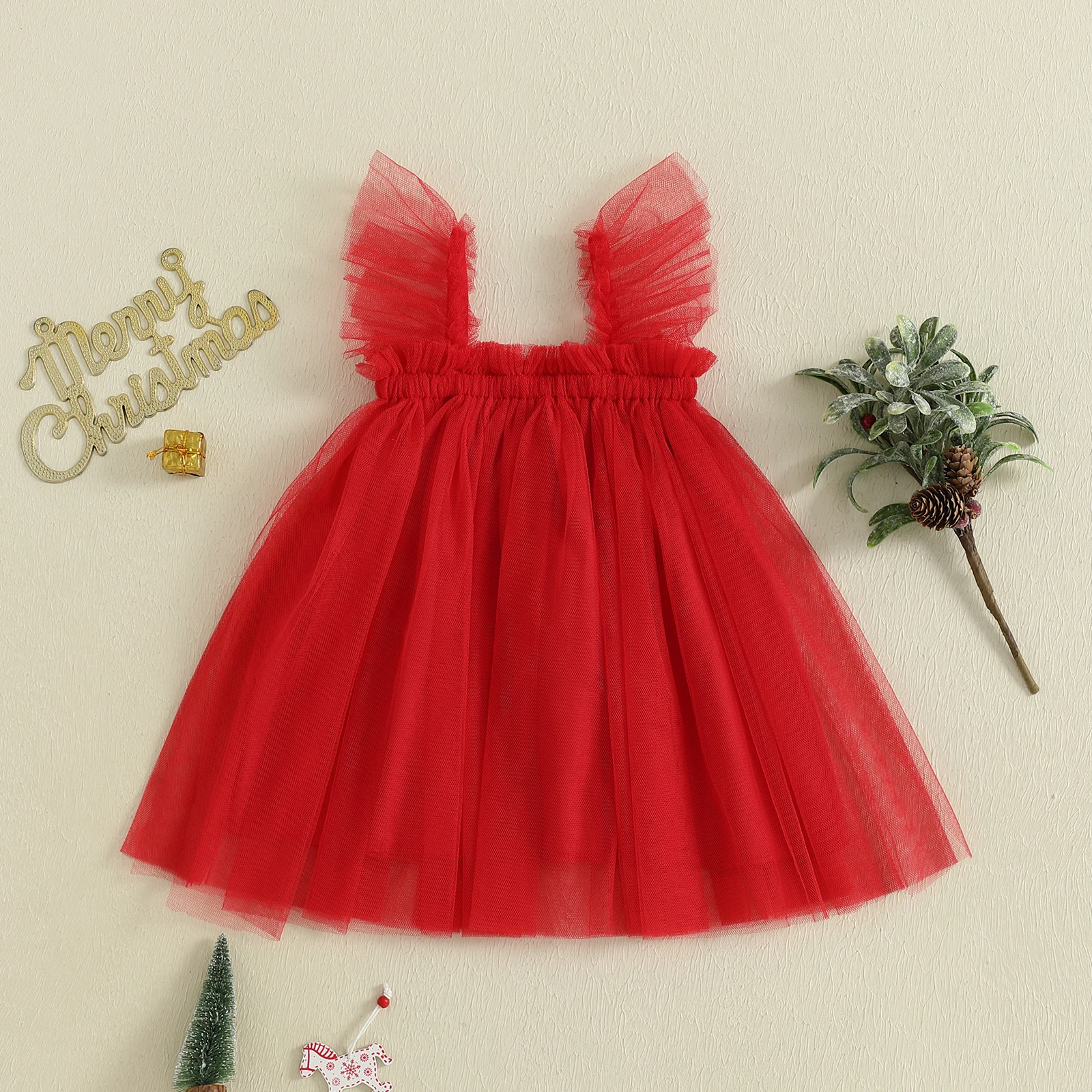 VISgogo Vestidos de tul para niñas pequeñas Vestido de princesa sin mangas con bola de piel navideña a la moda para la vida diaria y la fiesta - imagen 2