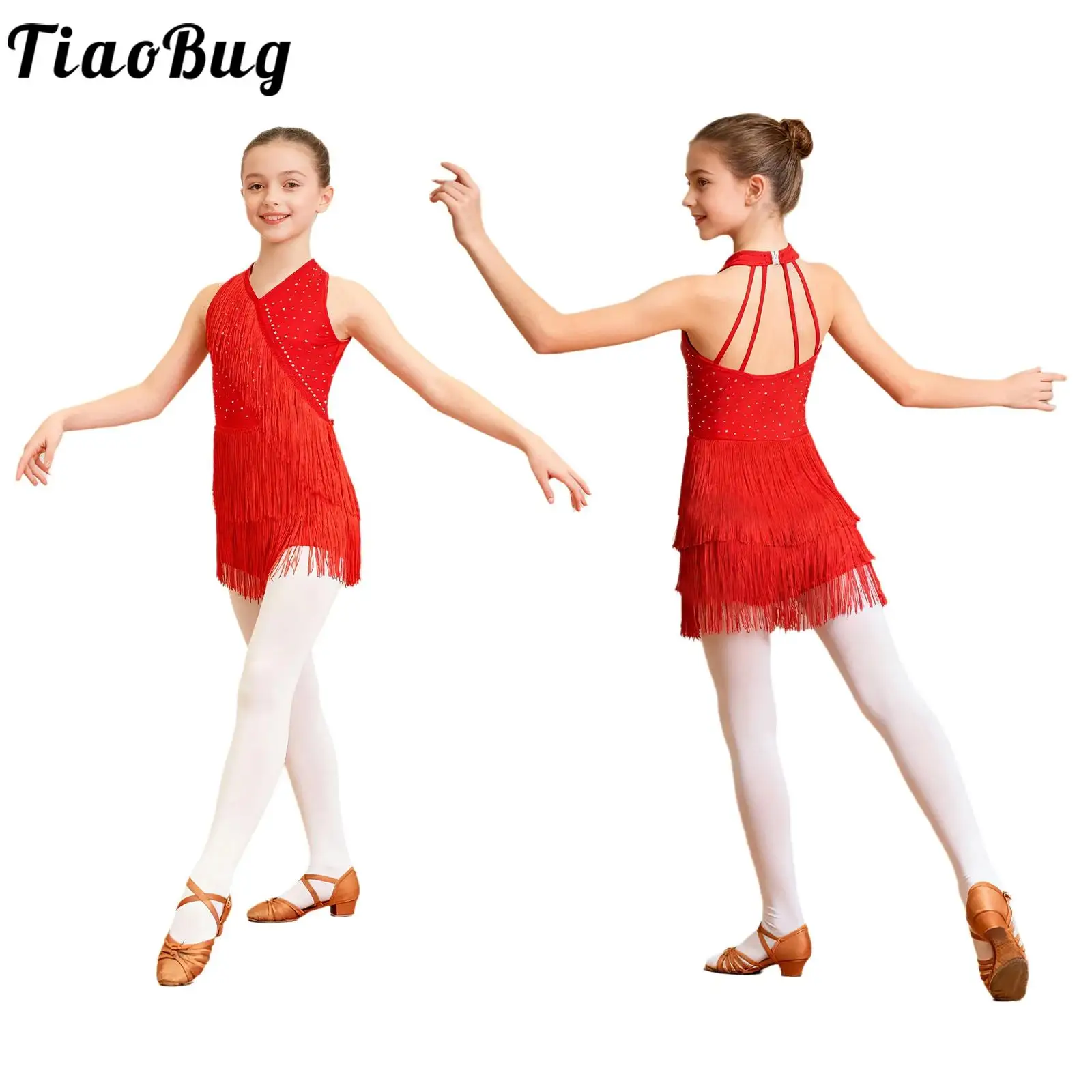 Vestido de baile jazz niña lentejuelas flecos halter