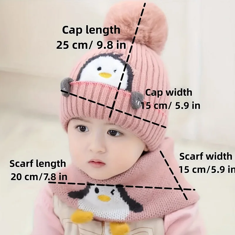 Pingüino, gorro de Jacquard tejido acrílico Unisex, bufanda para bebé con pompón de piel para niños, conjunto de gorro de viaje para invierno cálido - imagen 3