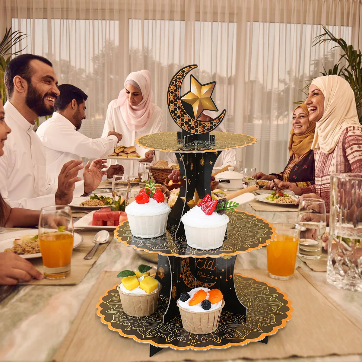 Soporte de cartón para pastel de Eid Mubarak de 3 niveles, torre de exhibición plegable para magdalenas, dulces y postres, decoración para fiesta temática de Eid Al-Fitr de oro blanco - imagen 5