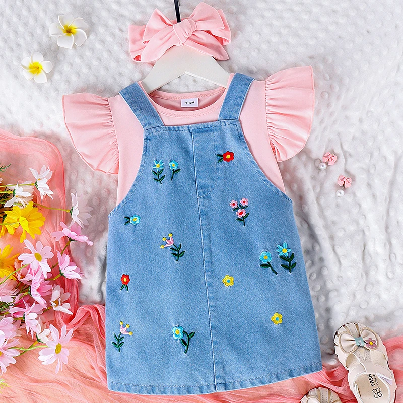 Conjuntos de 3 piezas de ropa de verano para bebé, vestido vaquero sin mangas con flores bonitas coreanas, Tops y banda para el pelo, ropa de Boutique para niños pequeños BC838
