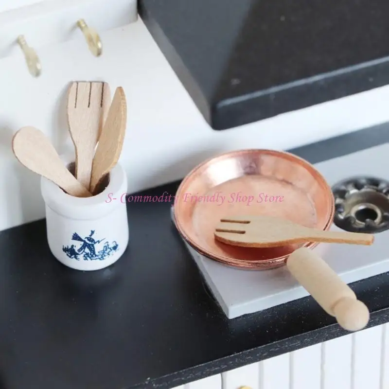 Juego accesorios cubiertos cocina en miniatura 85AE 1/12, utensilios madera con soporte cerámica - imagen 4