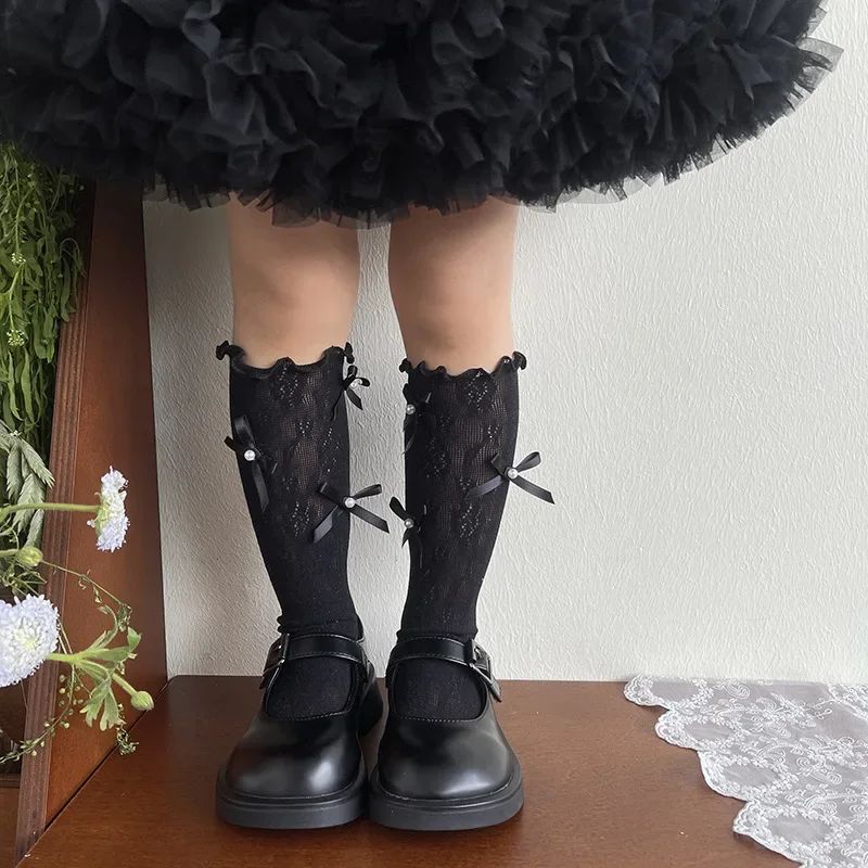 1 par de calcetines de pantorrilla florales de Jacquard de verano para niños y niñas, calcetines coreanos de moda con lazo para niños, calcetines dulces elásticos de nailon suave, ropa - imagen 5