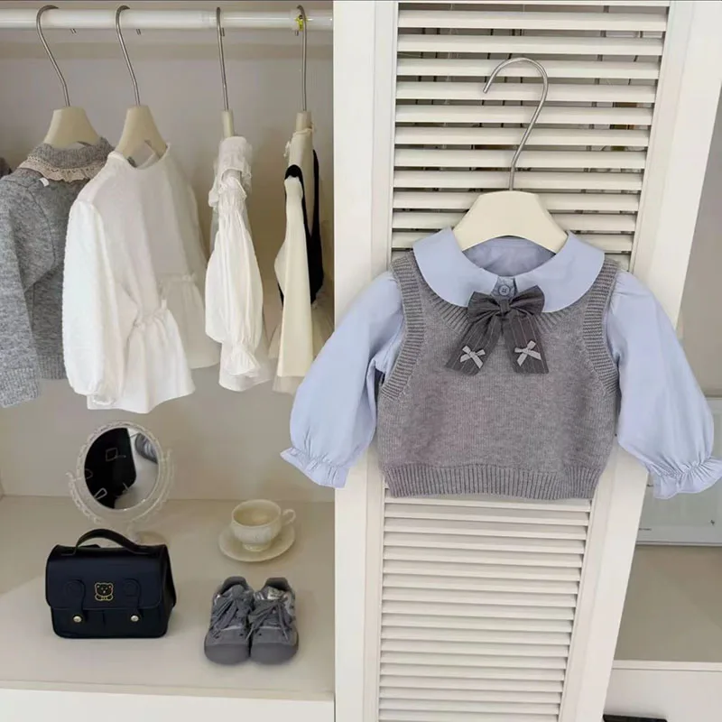 MILANCEL, nuevo conjunto de ropa de otoño para niños, 1-6T, estilo Preppy, chaleco fino para niñas, camisa y falda, traje holgado con lazo coreano para niños, 3 uds. - imagen 3