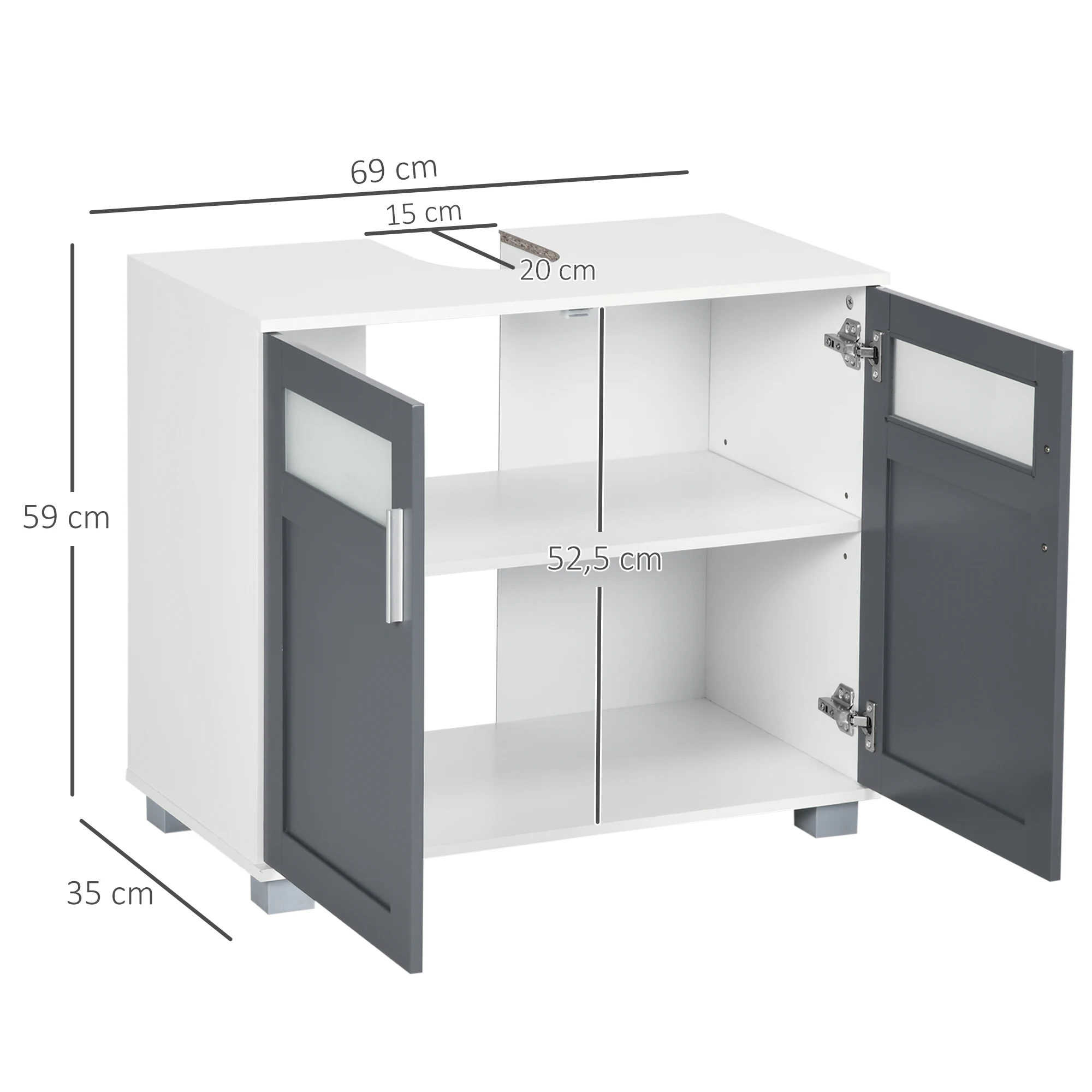 kleankin Mueble para Debajo del Lavabo Armario de Baño Bajo Lavabo con 2 Puertas de Vidrio Templado y Estante Ajustable 69x35x59 cm Blanco y Gris - imagen 3