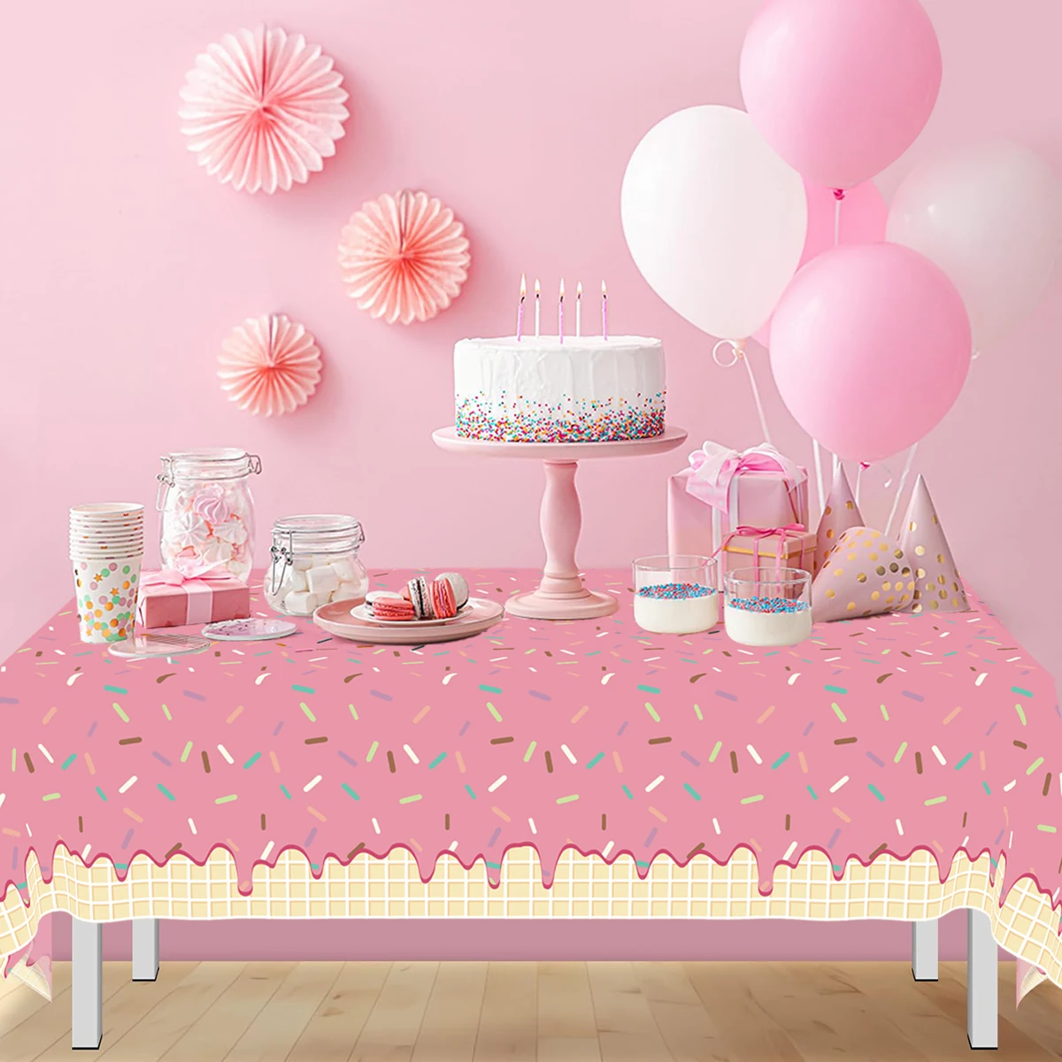 Mantel desechable de Donut rosa, cubierta de mesa de Donut, decoración de fiesta de 1er cumpleaños para niñas, suministros de boda y cumpleaños para niños, Baby Shower - imagen 4