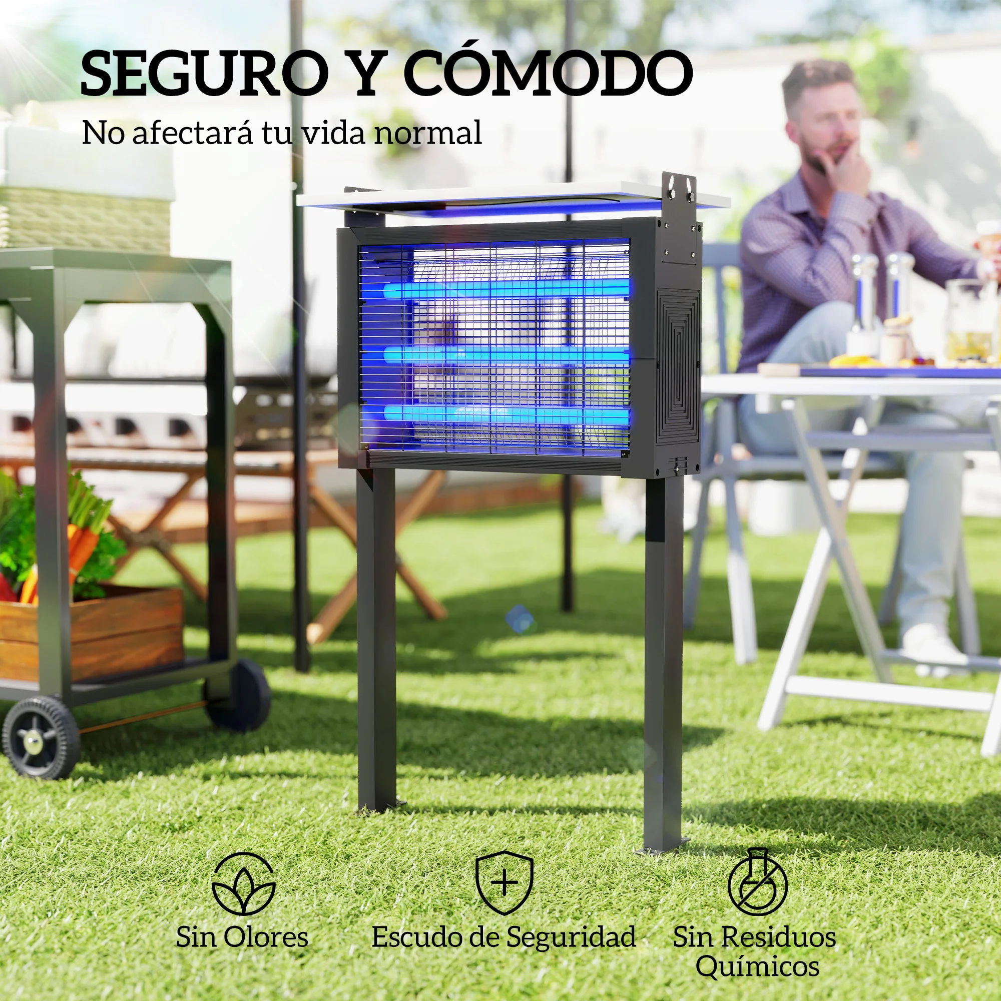 Outsunny Lámpara Antimosquitos Eléctrica con Luces LED Mata Mosquitos Eléctrico 25W para Exterior Efecto 200 m² con Soporte Panel Ajustable Lámpara UV Repelente de Insectos Moscas Polillas - imagen 5