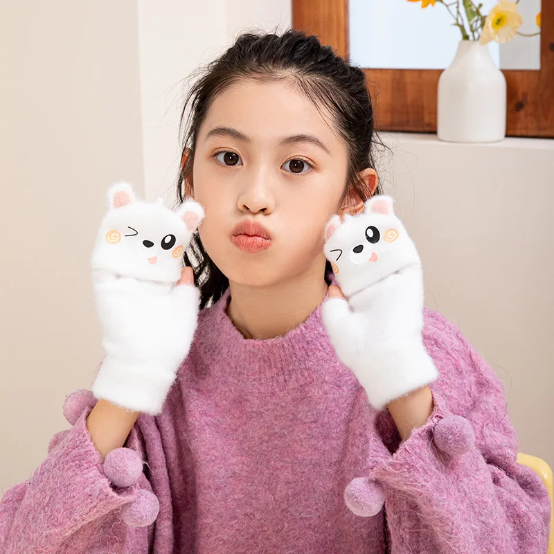 Manoplas convertibles con tapa abatible para niños, guantes cálidos de invierno con bonitos dibujos, sin dedos, cubierta completa para los dedos, guantes con estampado Animal para niños pequeños - imagen 2