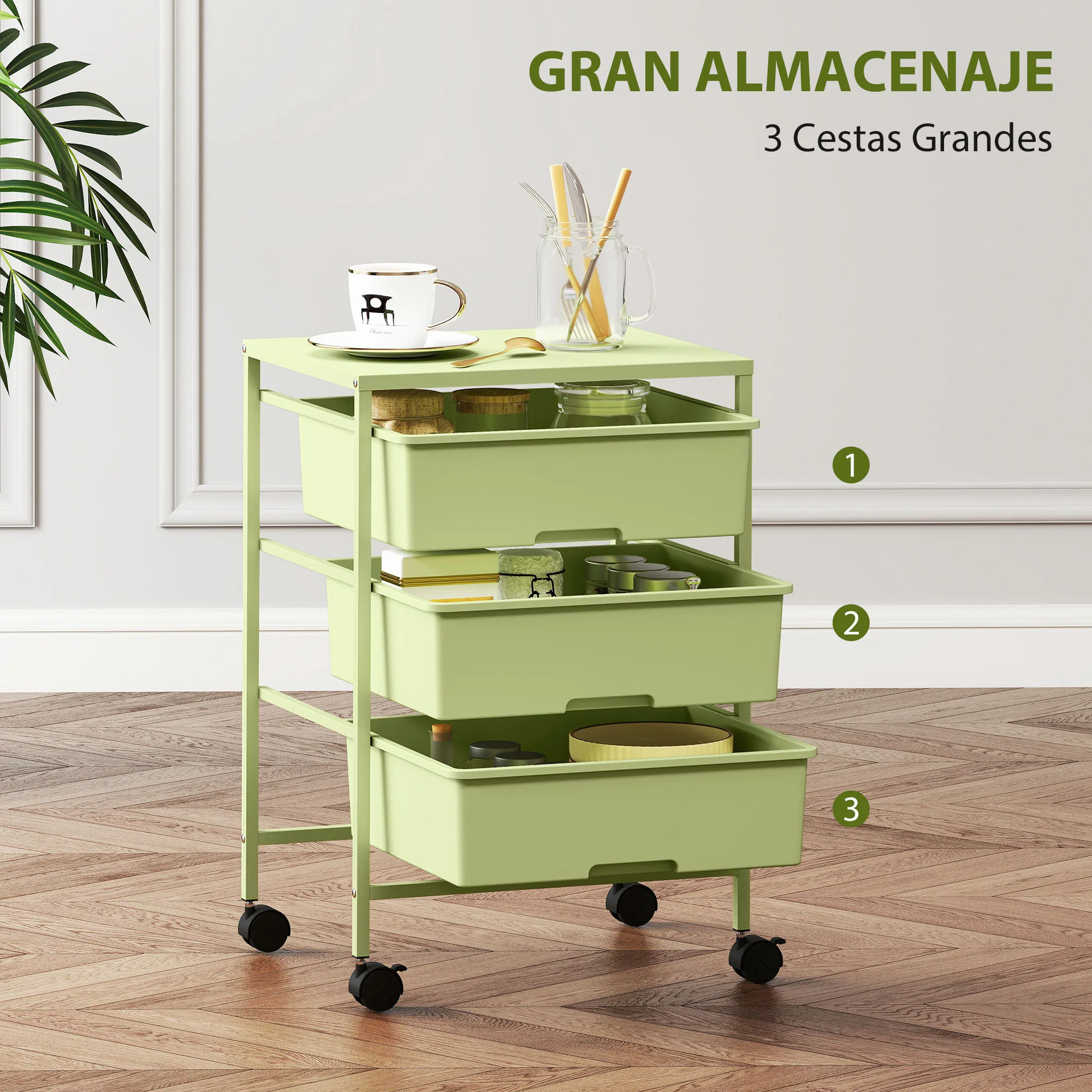 HOMCOM Carrito de Almacenamiento de 4 Niveles, Carrito de Cocina con Ruedas, 3 Cestas, Tablero y Marco de Acero, para Salón, Baño, Oficina, 40,8x33,5x60,5 cm, Verde - imagen 4