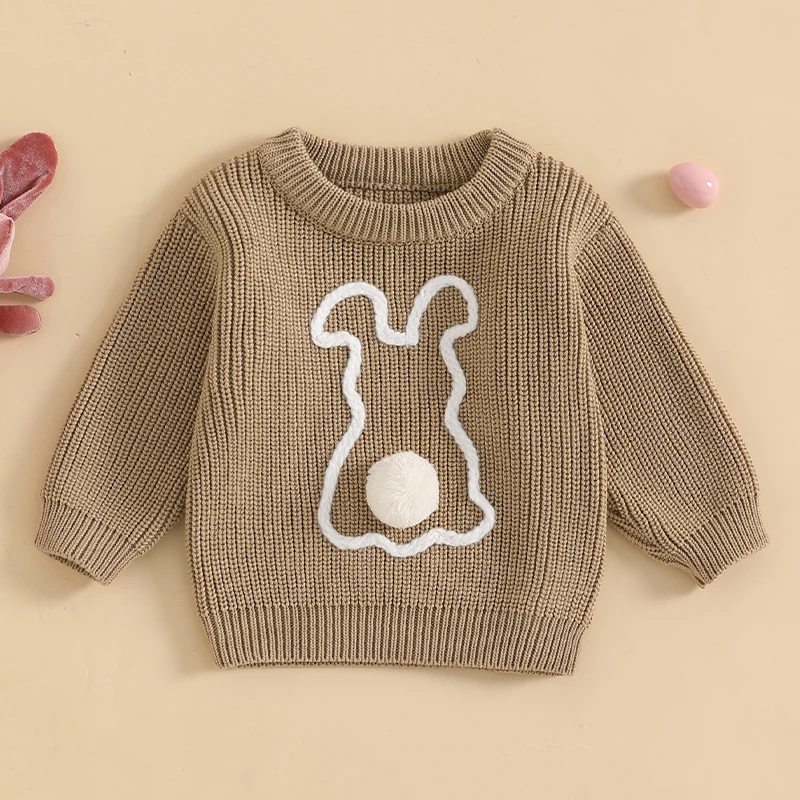 VISgogo Suéteres de Pascua para niños pequeños, conejito de peluche, manga larga, cuello redondo, acanalado, punto grueso