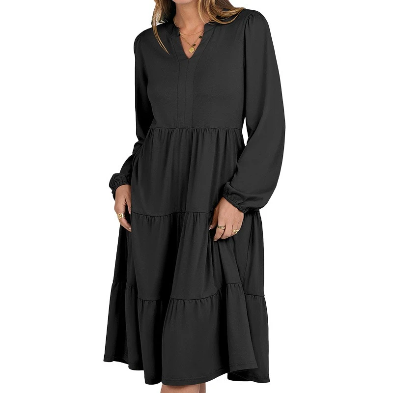 Vestido de temperamento europeo y americano para Halloween, cintura ajustada, mangas largas, liso, cuello en V, falda acampanada, falda con borde de hoja de loto ﻿