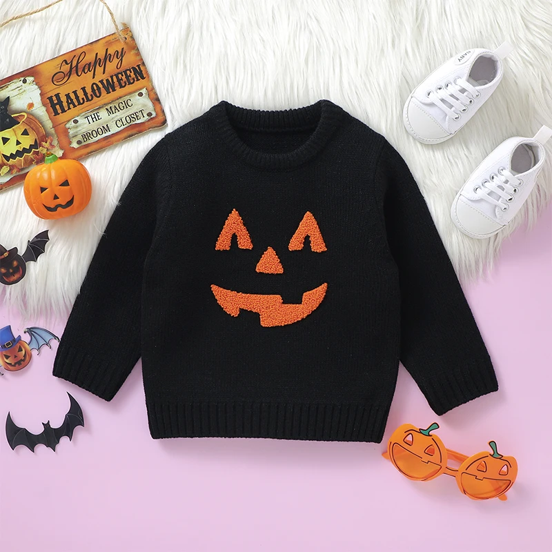 VISgogo-suéteres de Halloween para niños y niñas, Jersey de punto acanalado, manga larga, cuello redondo, bruja y calabaza, ropa de otoño e invierno