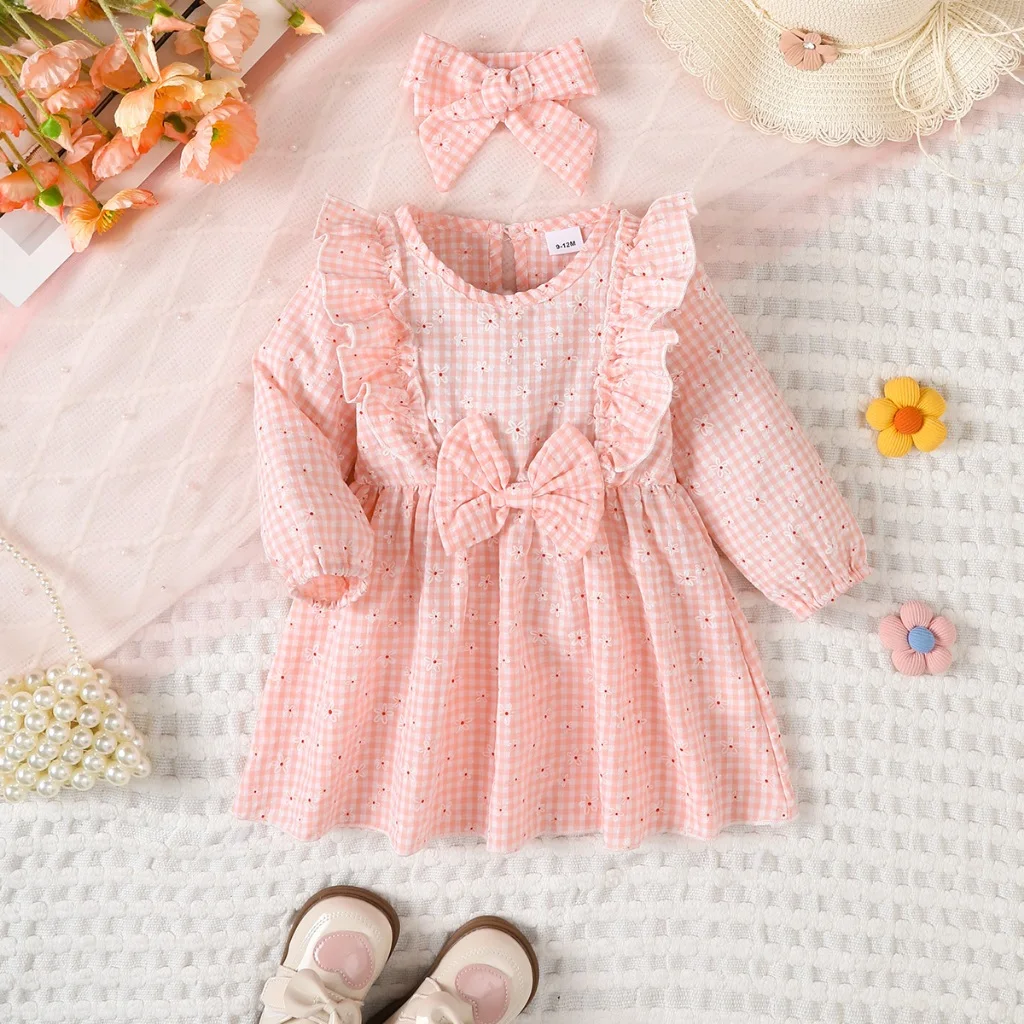 Mono rosa manga larga con lazo estilo vestido bebé niña primavera