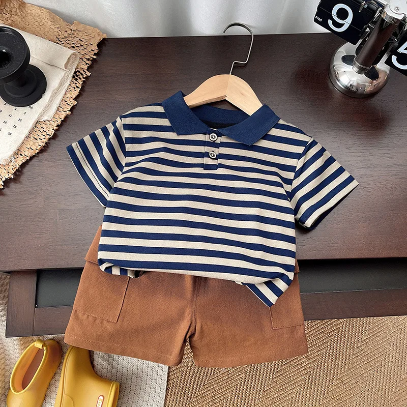 Conjuntos de 2 piezas de ropa de Boutique de verano para niños, moda informal coreana, camisetas de manga corta de algodón a rayas para bebés + Pantalones cortos, ropa para niños pequeños B007 - imagen 3